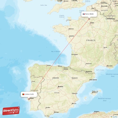 Lisbon - Paris direct flight map