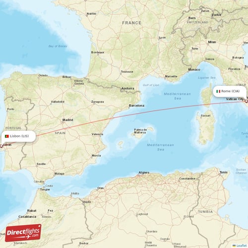 Lisbon - Rome direct flight map