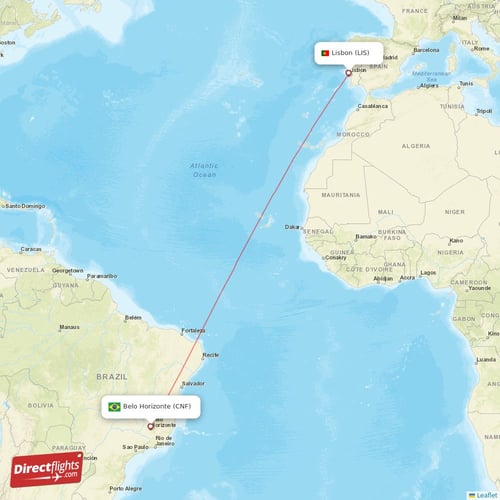 Lisbon - Belo Horizonte direct flight map