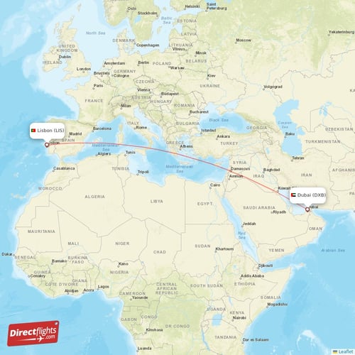 Lisbon - Dubai direct flight map