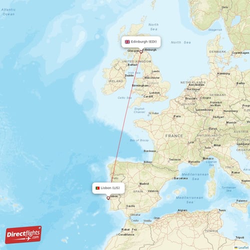 Lisbon - Edinburgh direct flight map