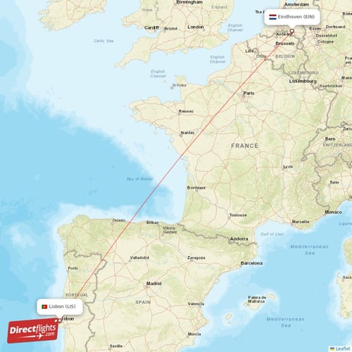 Lisbon - Eindhoven direct flight map
