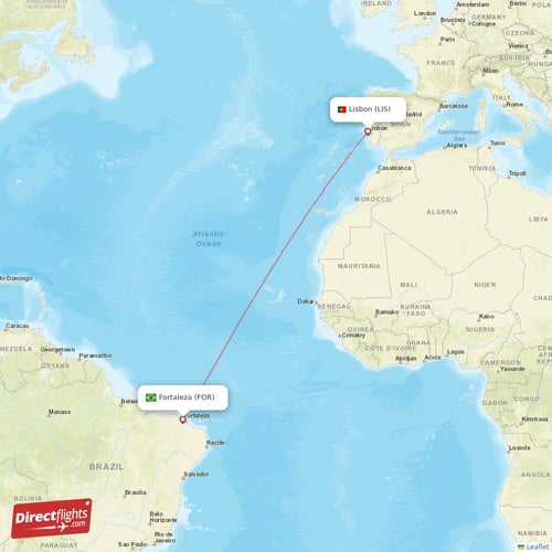Lisbon - Fortaleza direct flight map