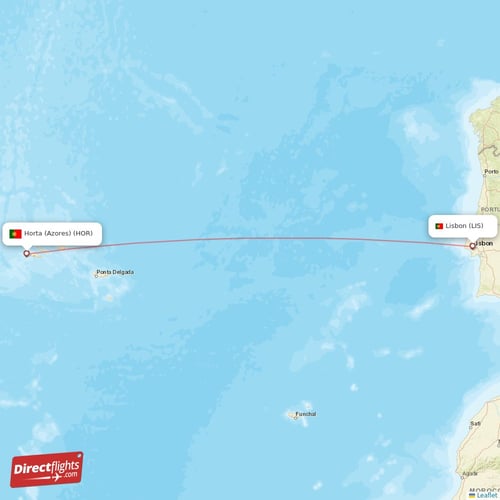 Lisbon - Horta (Azores) direct flight map