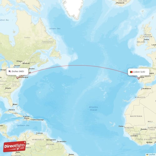 Lisbon - Dulles direct flight map