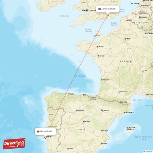 Lisbon - London direct flight map
