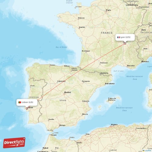 Lisbon - Lyon direct flight map