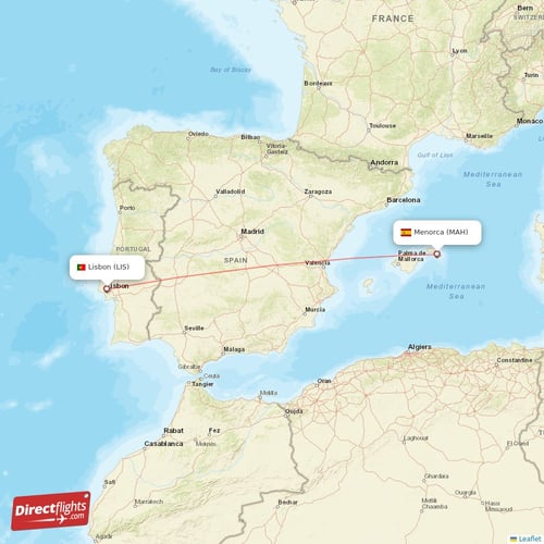 Lisbon - Menorca direct flight map