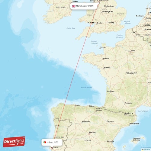 Lisbon - Manchester direct flight map
