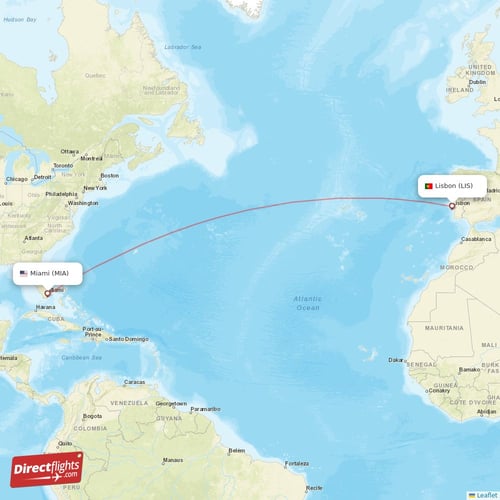Lisbon - Miami direct flight map