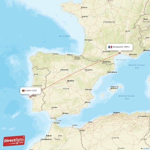 Lisbon - Montpellier direct flight map