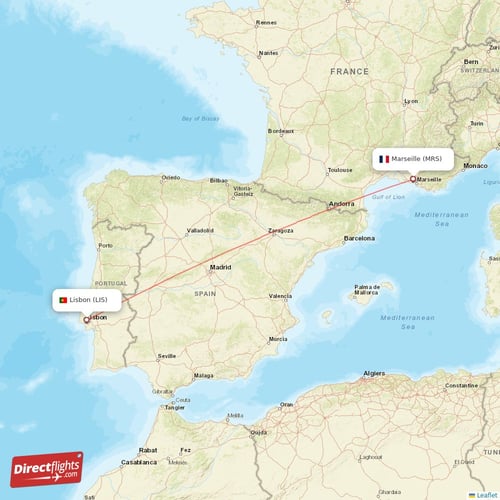 Lisbon - Marseille direct flight map