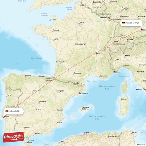 Lisbon - Munich direct flight map