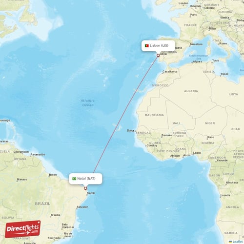 Lisbon - Natal direct flight map