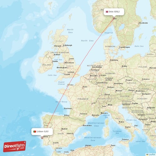 Lisbon - Oslo direct flight map