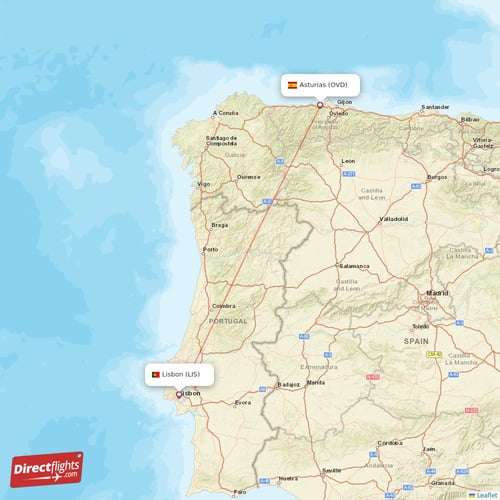 Lisbon - Asturias direct flight map