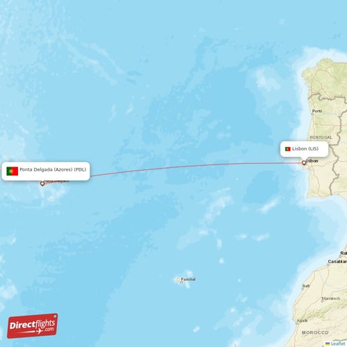 Lisbon - Ponta Delgada (Azores) direct flight map