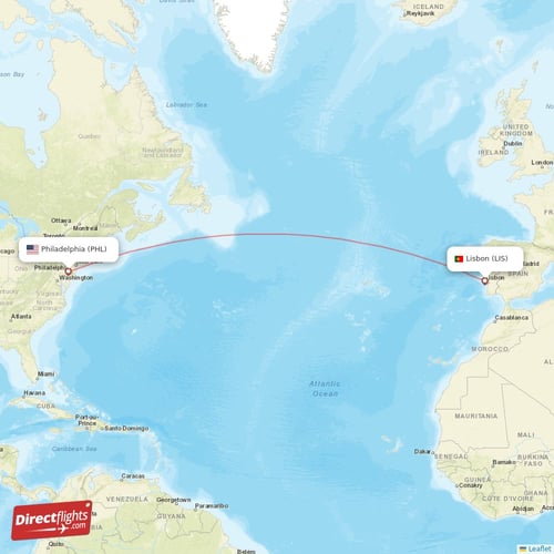 Lisbon - Philadelphia direct flight map