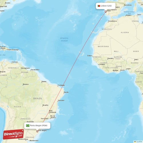 Lisbon - Porto Alegre direct flight map
