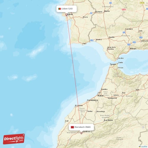 Lisbon - Marrakech direct flight map