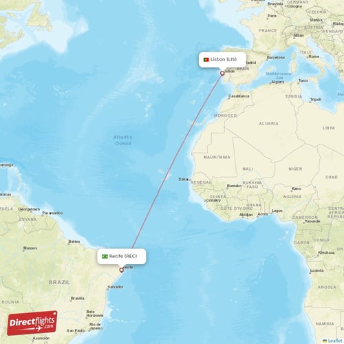 Lisbon - Recife direct flight map