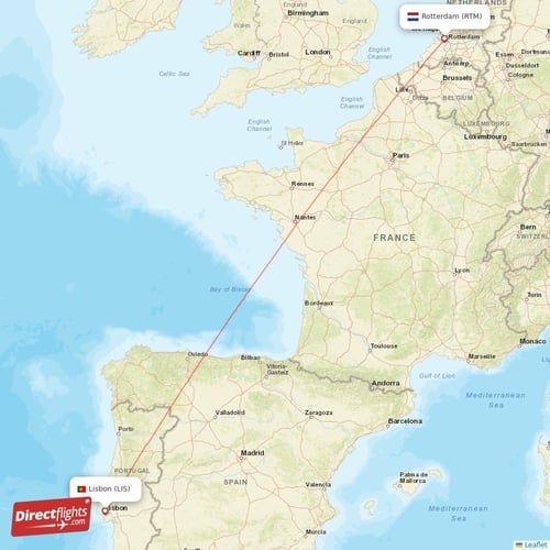 Lisbon - Rotterdam direct flight map