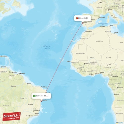 Lisbon - Salvador direct flight map