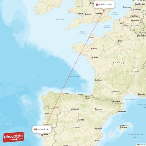 Lisbon - London direct flight map