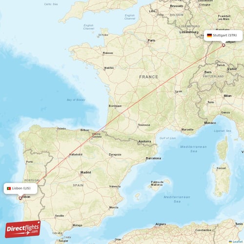 Lisbon - Stuttgart direct flight map