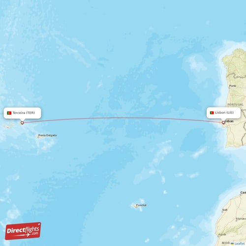 Lisbon - Terceira direct flight map
