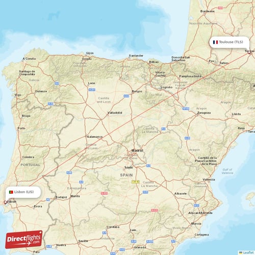 Lisbon - Toulouse direct flight map