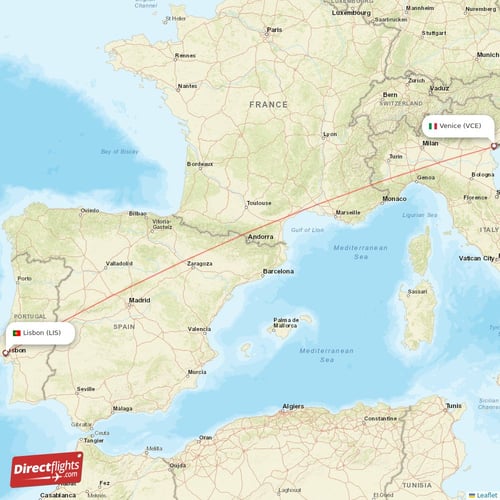 Lisbon - Venice direct flight map
