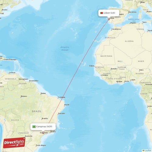 Lisbon - Campinas direct flight map