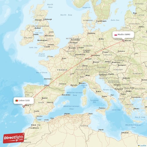 Lisbon - Modlin direct flight map