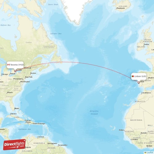 Lisbon - Toronto direct flight map