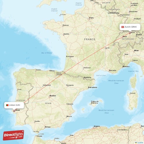 Lisbon - Zurich direct flight map