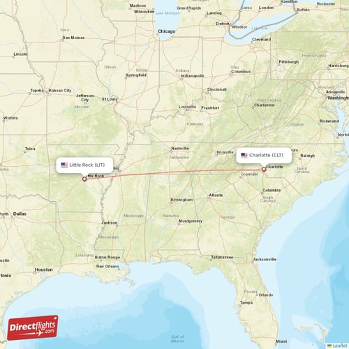 Little Rock - Charlotte direct flight map