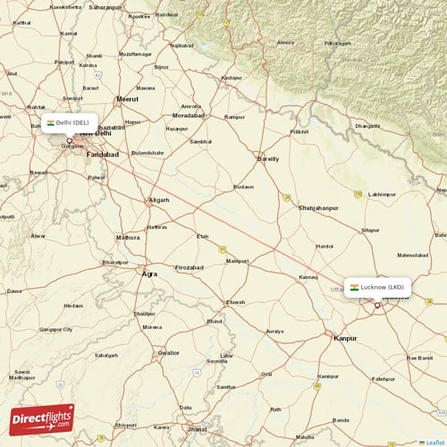 Lucknow - Delhi direct flight map