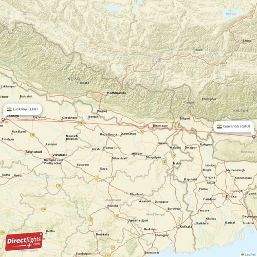 Lucknow - Guwahati direct flight map