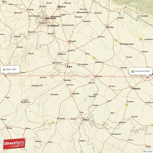 Lucknow - Jaipur direct flight map