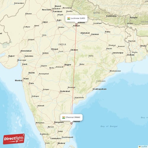 Lucknow - Chennai direct flight map