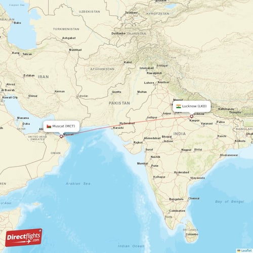 Lucknow - Muscat direct flight map