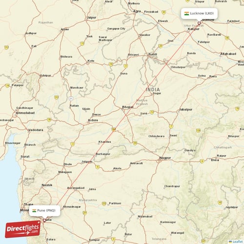 Lucknow - Pune direct flight map
