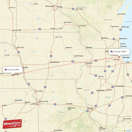 Lincoln - Chicago direct flight map
