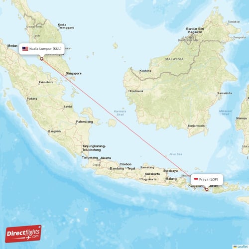 Praya - Kuala Lumpur direct flight map