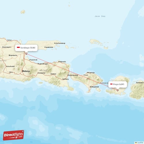 Praya - Surabaya direct flight map