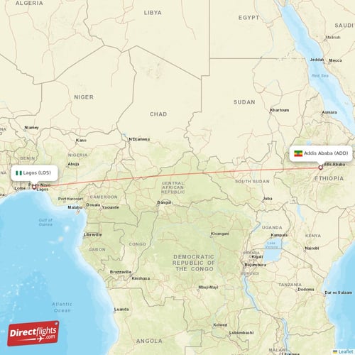 Lagos - Addis Ababa direct flight map