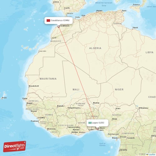 Lagos - Casablanca direct flight map