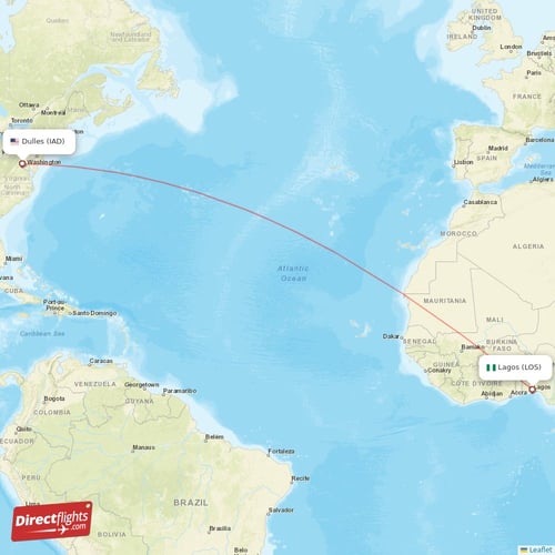 Lagos - Dulles direct flight map