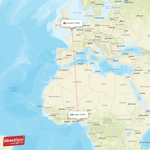 Lagos - London direct flight map